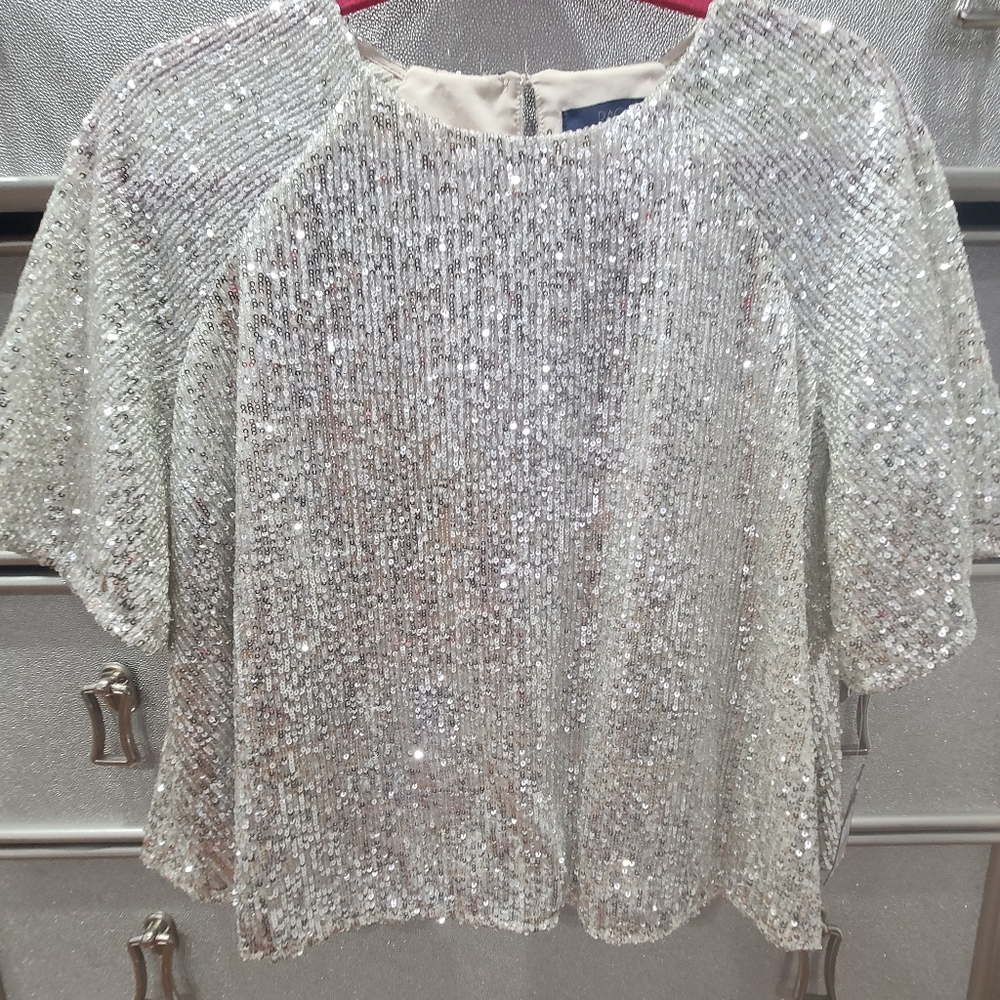 NWT, womens Rachel Roy silver short sleeve sequin top, size small, new with tags